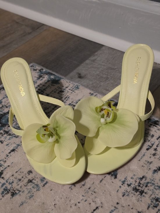Fashion Nova Shoes - Floral Slip-On Heeled Sandals - Chartreuse